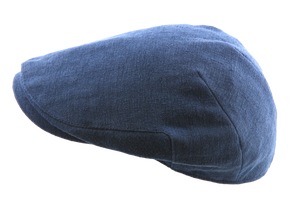Hanfhut Muskelmann – Schiebermütze in Blau aus feinstem, glänzendem Hanfstoff mit einem Innenfutter aus 100 % Baumwolle.